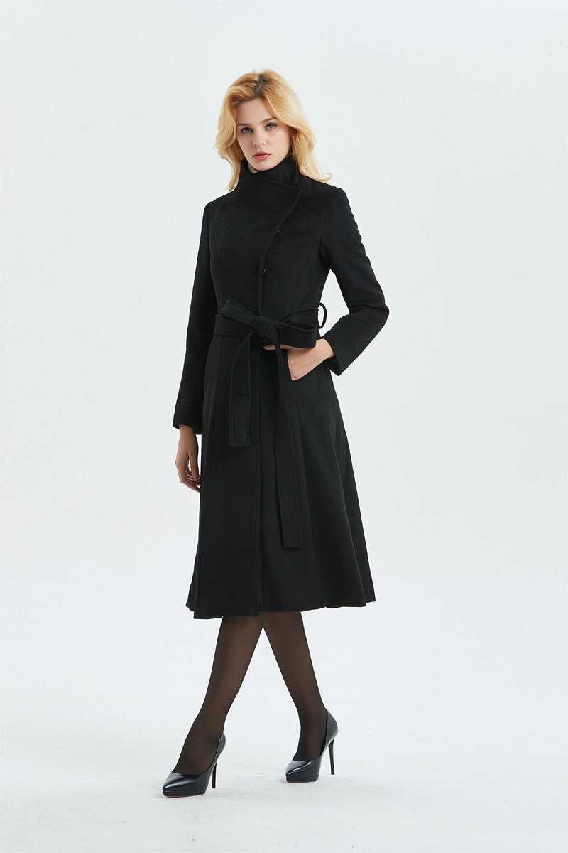Women Black long Wool Coat C1344#