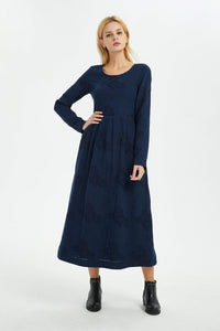 Blue linen dress, women dress, print flower dress, long dress, linen dress, women dress linen, print linen dress, pocket dress C1367