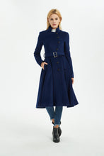 Load image into Gallery viewer, blue wool coat, winter wool coat, women coat, fit and flare coat, blue coat, warm coat, coat with pockets, winter warm coat C1372
