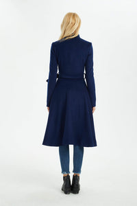 blue wool coat, winter wool coat, women coat, fit and flare coat, blue coat, warm coat, coat with pockets, winter warm coat C1372