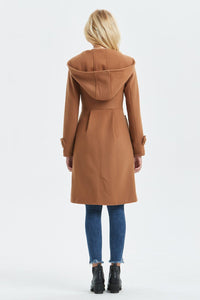 brown wool coat, casual coat, warm coat, asymmetrical coat, midi coat, womens hooded coat, winter coat, vintage coat, coat with pocket C1321