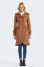 Load image into Gallery viewer, brown wool coat, casual coat, warm coat, asymmetrical coat, midi coat, womens hooded coat, winter coat, vintage coat, coat with pocket C1321
