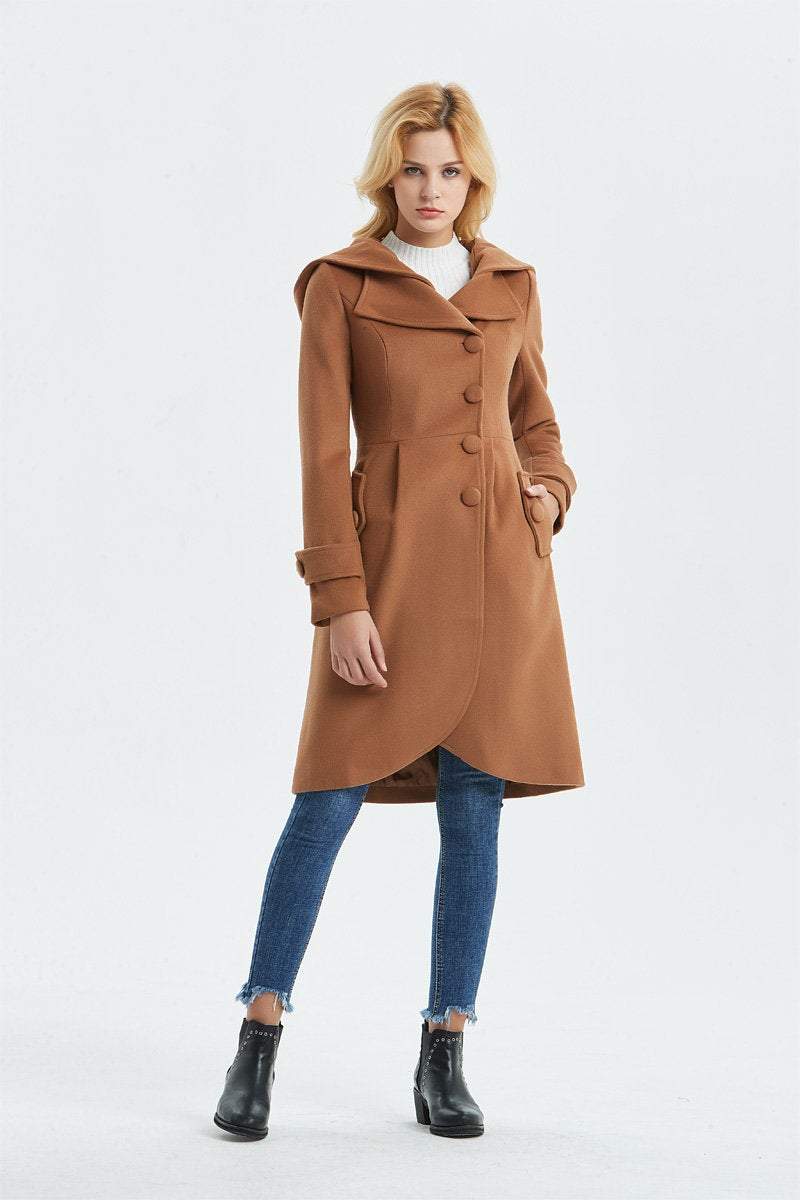 brown wool coat, casual coat, warm coat, asymmetrical coat, midi coat, womens hooded coat, winter coat, vintage coat, coat with pocket C1321