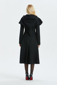 black wool coat, long black coat, warm coat, winter coat, womens black coat, hooded coat, coat with pockets, custom coat, vintage coat C1342