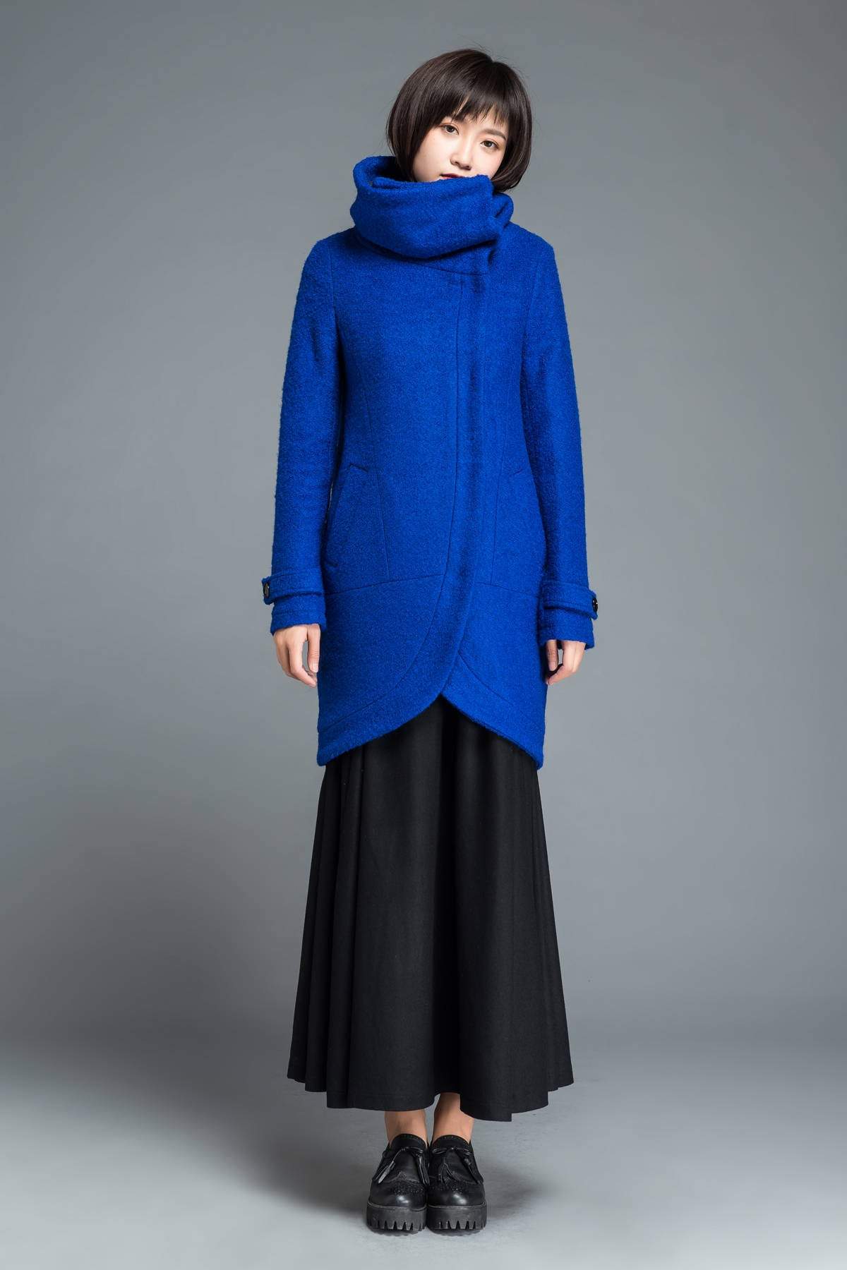 Blue Wool coat, winter wool coat, women wool warm coat, asymmetrical wool coat, winter wool coat, blue coat, cowl neck coat  C1211