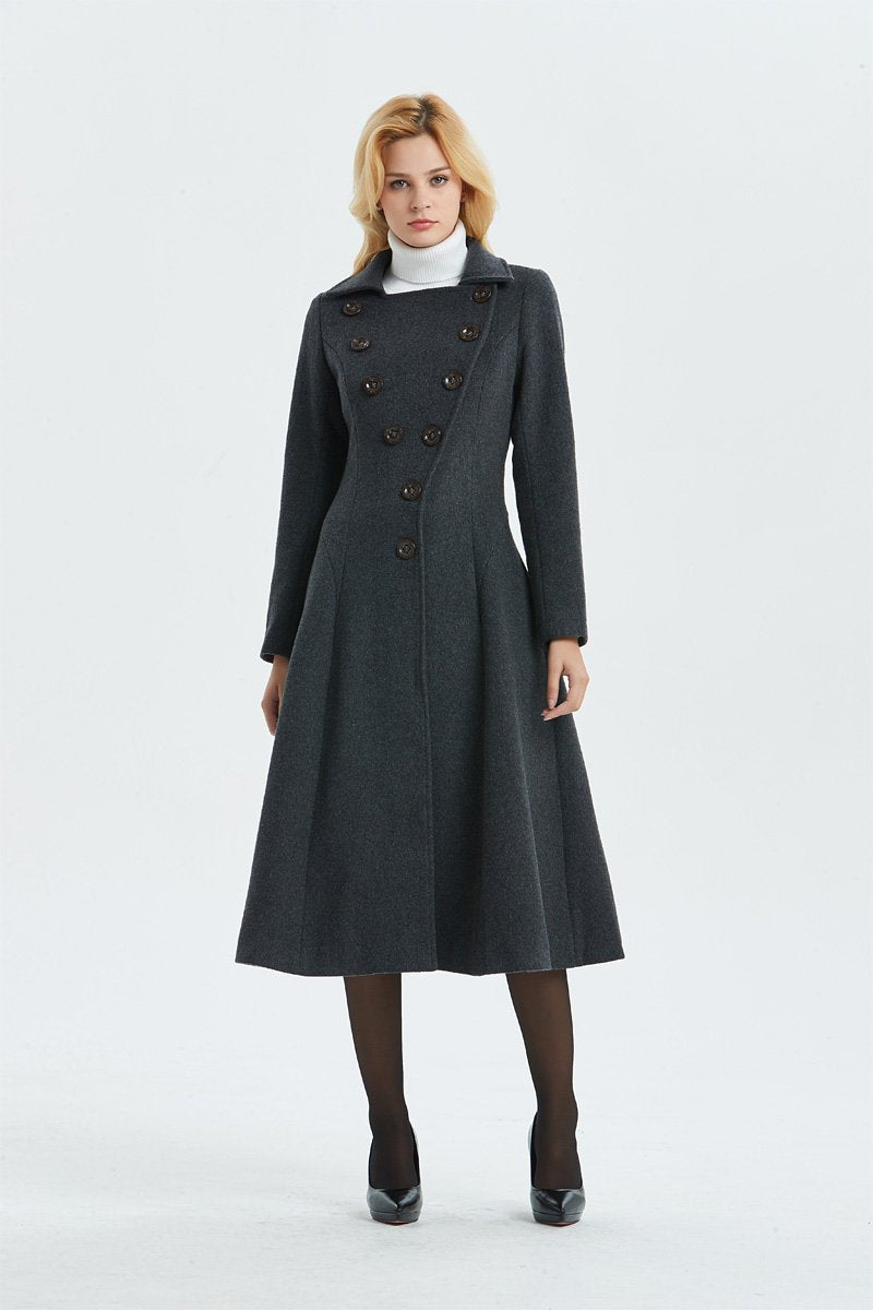 Gray wool coat, long coat, vintage coat, fit and flare coat, winter coat, womens coat, midi coat, warm coat, long wool coat C1339