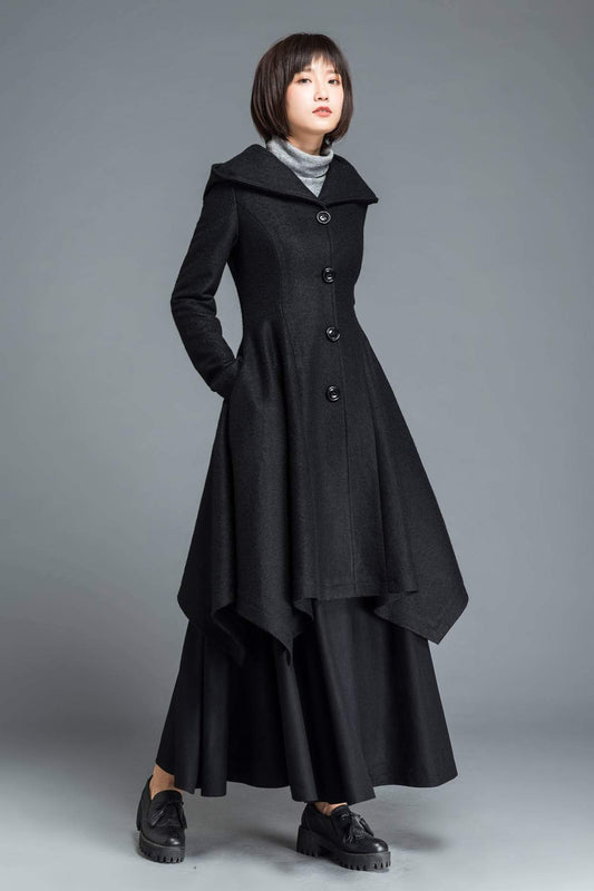 Black coat, wool coat, winter coat, Hooded coat, warm coat, black wool coat, warm wool coat, womens coat, irregular coat, pocket coat C1210