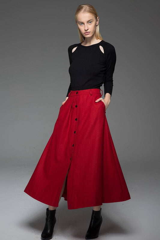 Red skirt, wool skirt, Long skirt, winter skirt, maxi skirt, button skirt, womens skirts, red wool skirt, maxi wool skirt, pocket skirt C761