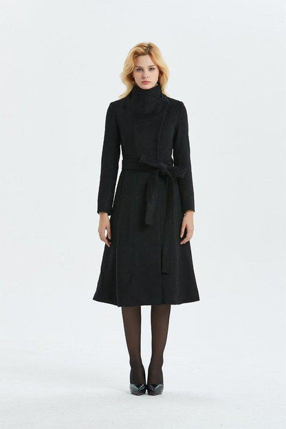 Gray Wool Coat with High Neck Collar, Pockets and Self-Tie Belt C758