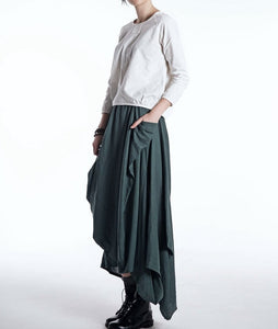 Green Linen Skirt, long linen skirt, linen skirt, Maxi Asymmetrical Hemline with Pockets All-Seasons Skirt, asymmetrical linen skirt C524