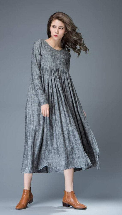 Red Linen Dress – Long Burgundy Loose-Fitting Long-Sleeved Designer Dress with Pockets Plus Size Clothing (C496)