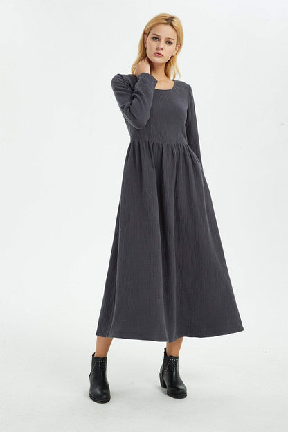 Gray linen dress, winter linen dress, women linen dress, long women dress, linen dress, linen pockets dress, long linen dress C1368