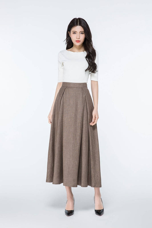 Pleated brown long linen skirt with pockets  C1063