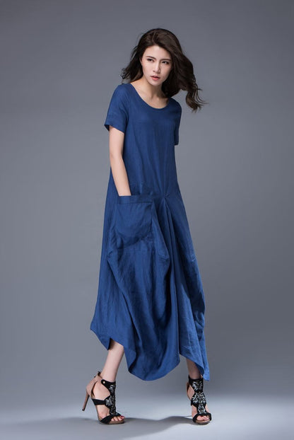 Blue Linen Dress - Lagenlook Long Maxi Short-Sleeved Loose-Fitting Asymmetrical Designer Dress with Large Pockets C883