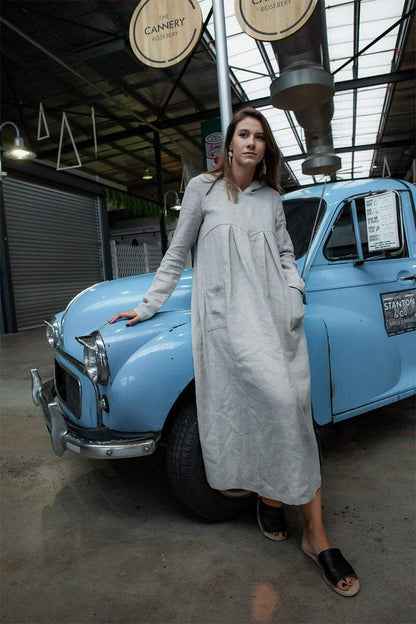 Gray linen womens dress, linen midi dress with pockets, womens linen dress with hat, pleated linen dress C1379
