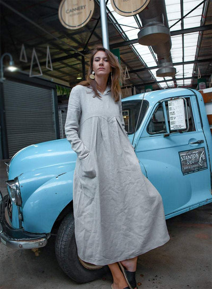 Gray linen womens dress, linen midi dress with pockets, womens linen dress with hat, pleated linen dress C1379