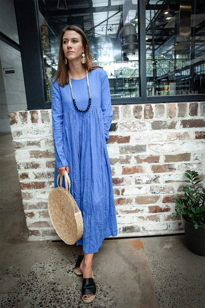 Blue long linen dress, linen womens dress, womens casual linen dress, maxi dress with pockets, plus size linen dress C1378