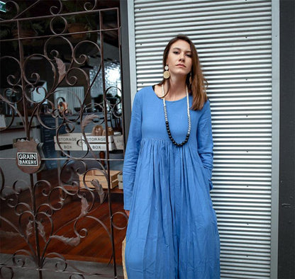 Blue long linen dress, linen womens dress, womens casual linen dress, maxi dress with pockets, plus size linen dress C1378