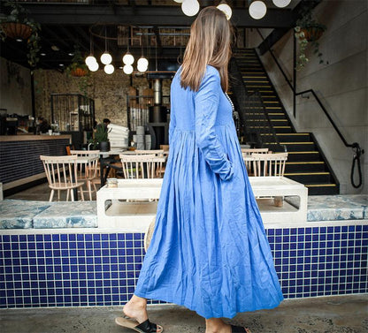 Blue long linen dress, linen womens dress, womens casual linen dress, maxi dress with pockets, plus size linen dress C1378
