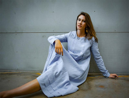 Blue linen dress, long linen womens dress, Plus size linen dress, pleated linen dress, dress with pockets C1382