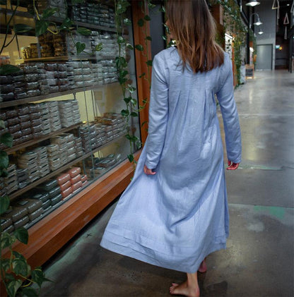Blue linen dress, long linen womens dress, Plus size linen dress, pleated linen dress, dress with pockets C1382