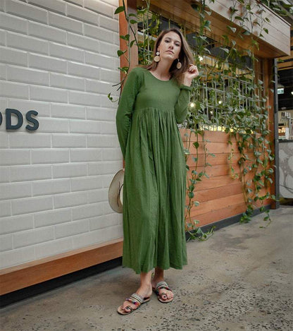 Long sleeve high waist maxi linen dress C1383