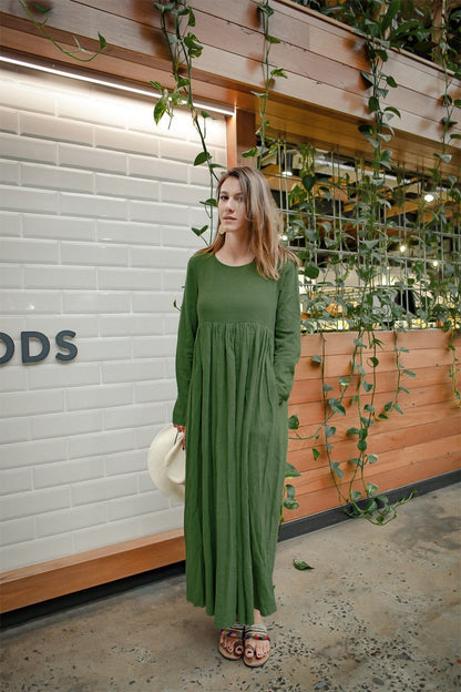 Long sleeve high waist maxi linen dress C1383