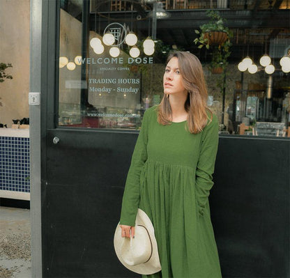 Long sleeve high waist maxi linen dress C1383