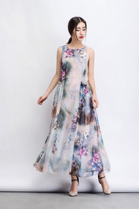 Floral Chiffon Dress - Elegant Summer Party Dress in Watercolor Flowers Print Sleeveless Long Maxi Women's Fashion C470