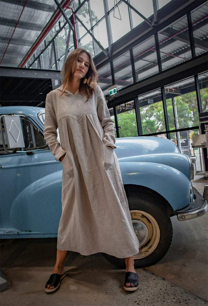 Gray linen womens dress, linen midi dress with pockets, womens linen dress with hat, pleated linen dress C1379