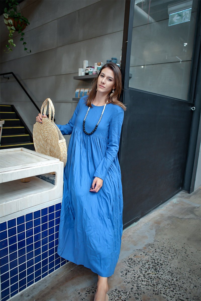Blue Linen Midi Dress with High Waist and Long Sleeves for Women Blue Linen Midi Dress with High Waist and Long Sleeves for Women