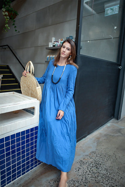 Blue long linen dress, linen womens dress, womens casual linen dress, maxi dress with pockets, plus size linen dress C1378