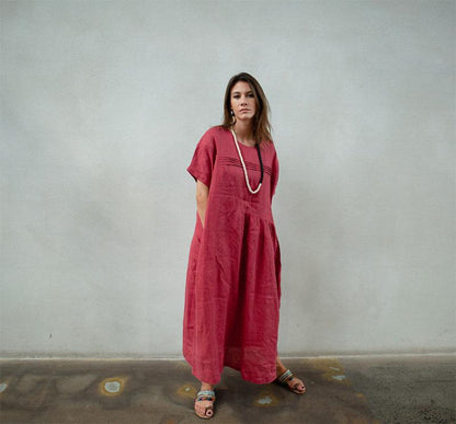 Rose linen womens dress, plus size linen dress, long linen dress, womens casual linen dress, dress with pockets C1377
