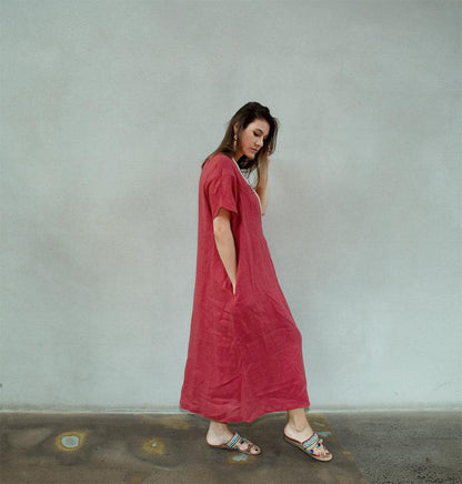 Rose linen womens dress, plus size linen dress, long linen dress, womens casual linen dress, dress with pockets C1377