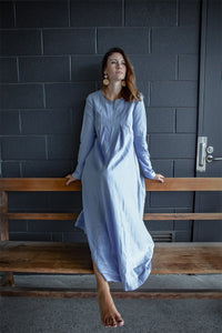Blue linen dress, long linen womens dress, Plus size linen dress, pleated linen dress, dress with pockets C1382