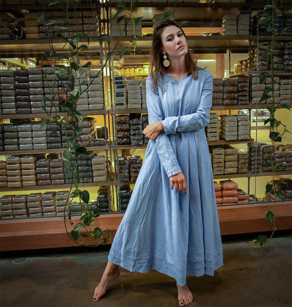 Blue linen dress, long linen womens dress, Plus size linen dress, pleated linen dress, dress with pockets C1382