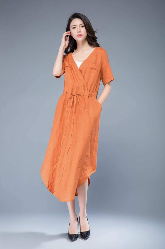 Linen dress, linen dress women, womens dresses, dress with pockets, long dress, custom dress, v neck dress, linen dress yellow   C1049