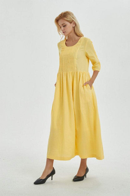 Yellow linen dress, linen dress, maxi dress, causal dress, pleated dress, Long linen dress, women dress, causal dress, pleated dress C1271