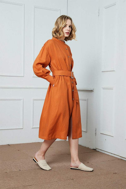 Linen dress, Lantern sleeve dress, spring dress, oversize dress, buttons dress, midi shirt dress C1405