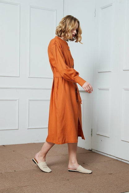 Linen dress, Lantern sleeve dress, spring dress, oversize dress, buttons dress, midi shirt dress C1405