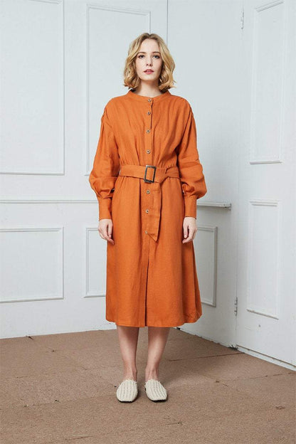 Linen dress, Lantern sleeve dress, spring dress, oversize dress, buttons dress, midi shirt dress C1405