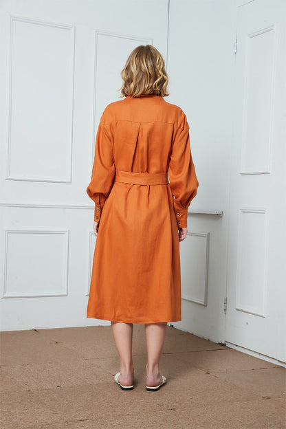 Linen dress, Lantern sleeve dress, spring dress, oversize dress, buttons dress, midi shirt dress C1405