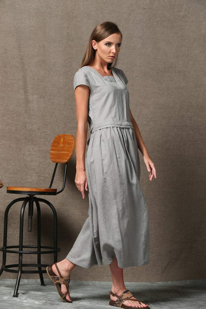 Gray Linen Dress, linen dress, long linen dress, woman dress, Short Sleeved dress, Loose linen dress, linen summer dress, casual dress C543