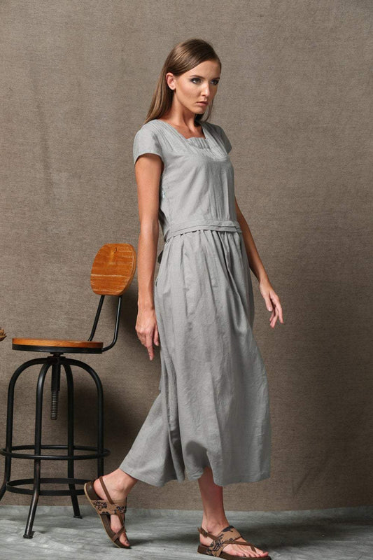 Gray Linen Dress, linen dress, long linen dress, woman dress, Short Sleeved dress, Loose linen dress, linen summer dress, casual dress C543