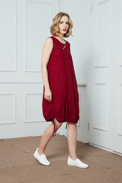 Linen dress, red linen dress, dress for women, linen summer dress, sleeveless dress, linen drawstring dress C1388