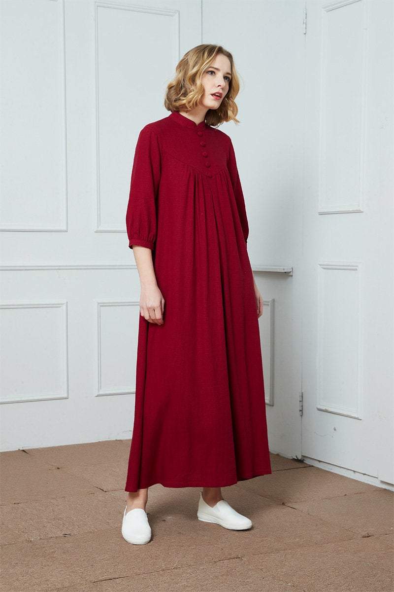 Red linen long dress, 3/4 Sleeves Vintage Stand Collar Linen Dress, linen dress for women, retro linen dress, oversized linen dress C1389