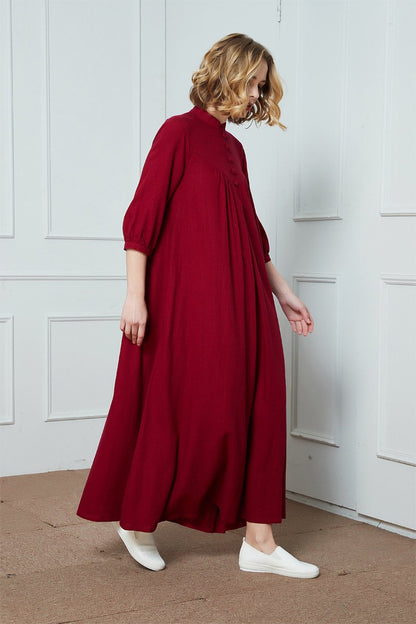 Red linen long dress, 3/4 Sleeves Vintage Stand Collar Linen Dress, linen dress for women, retro linen dress, oversized linen dress C1389
