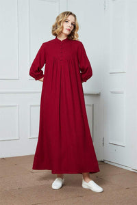Red linen long dress, 3/4 Sleeves Vintage Stand Collar Linen Dress, linen dress for women, retro linen dress, oversized linen dress C1389