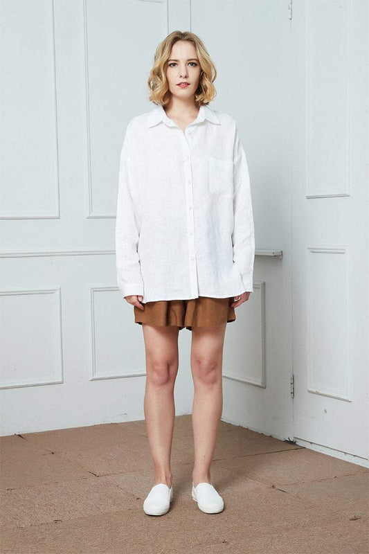 long sleeves white washed linen shirt for women C1390 XS #yy04041