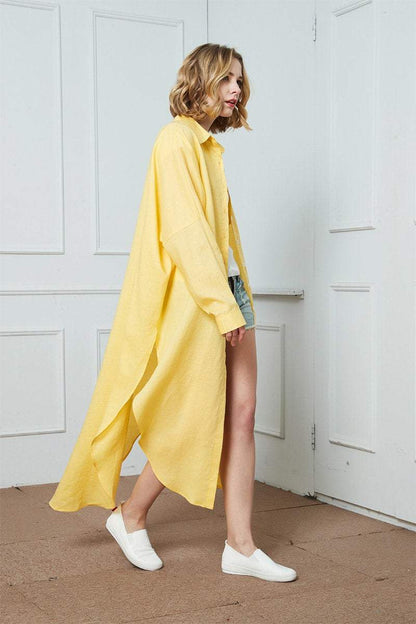 Long linen yellow shirt, loose linen shirt, linen spring shirt, womens shirt, buttons down shirt, linen causal shirt C1398